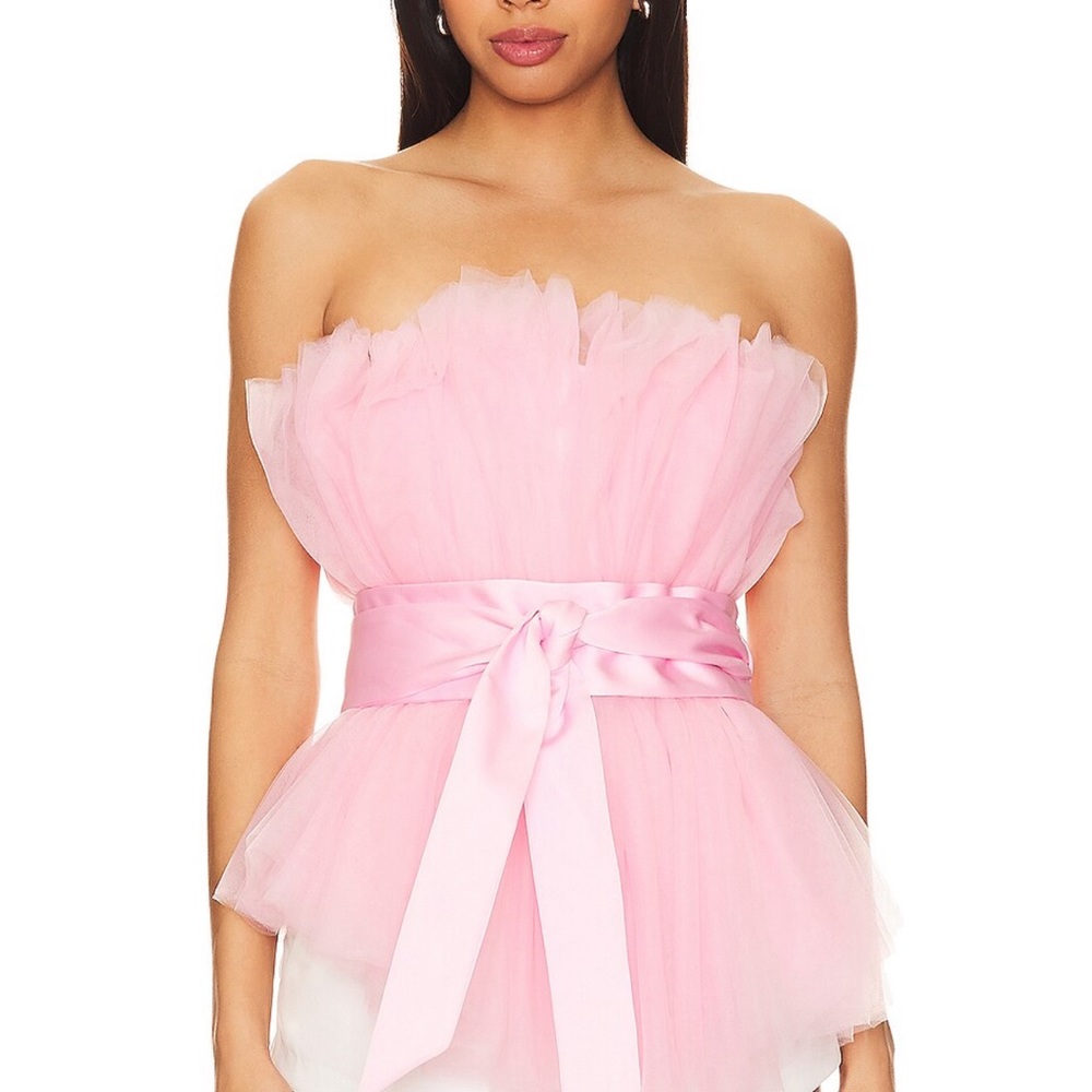 Lovers + Friends Strapless Pink Tulle Peplum Top with Satin Sash